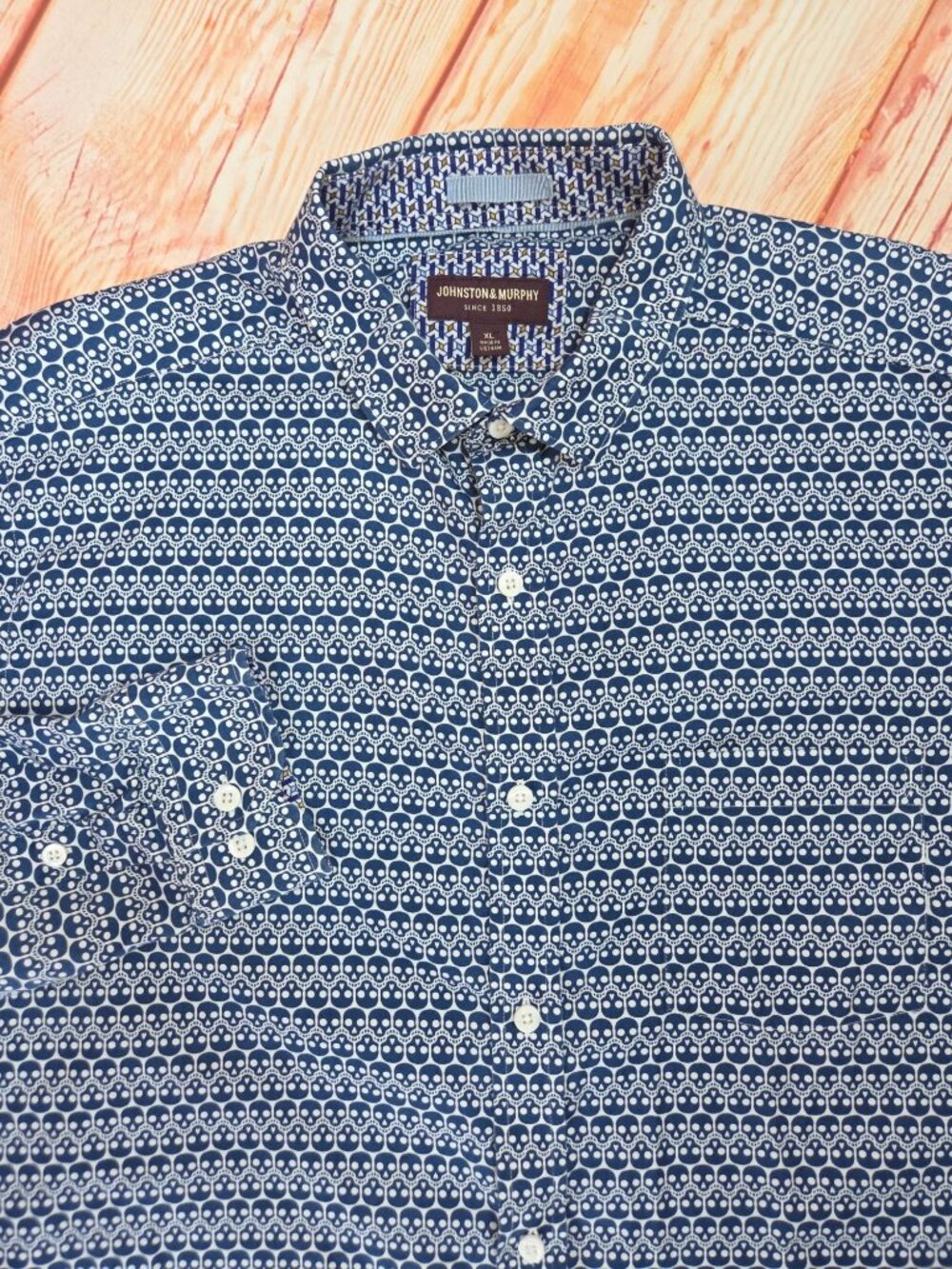 Johnston & Murphy Mens Blue & White Skull Shirt XL